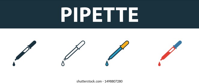 Pipette icon set. Four elements in diferent styles from medicine icons collection. Creative pipette icons filled, outline, colored and flat symbols.