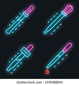 Pipette icon set. Outline set of pipette vector icons neon color on black