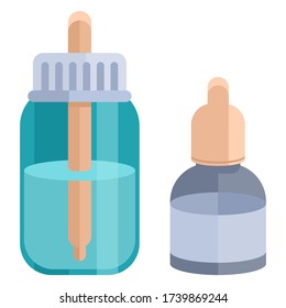 Pipette in jar sticker set on white isolated backdrop. Nasal drops for social banner, web element, health care and medical poster. Online chemist shop, info card. Flat style stock vector illustration