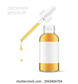 Pipette mockup with dropper bottle isolated on white background. Vector illustration. Front view. Сan be used for cosmetic, medical and other needs. EPS10.	