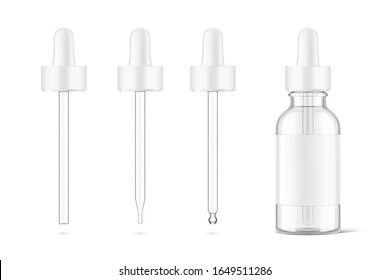 Pipette mockups for dropper bottle  isolated on white background. Vector illustration. Front view. Сan be used for cosmetic, medical and other needs. EPS10.
