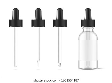 Pipette mockups for dropper bottle  isolated on white background. Vector illustration. Front view. Сan be used for cosmetic, medical and other needs. EPS10.