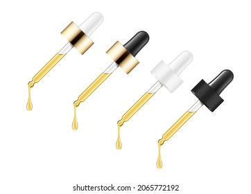 Pipette mockups for dropper bottle isolated on white background. Vector illustration. Front view. Сan be used for cosmetic, medical and other needs. EPS10.	