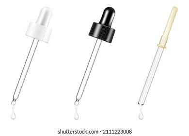 Pipette mockups for dropper bottle isolated on white background. Vector illustration. Front view. Сan be used for cosmetic, medical and other needs. Realistic 3d icons, isolated on white background