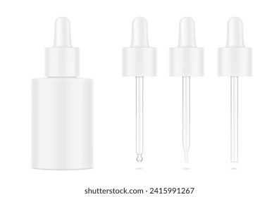 Pipette mockups for dropper bottle isolated on white background. Vector illustration. Front view. Сan be used for cosmetic, medical and other needs. EPS10.