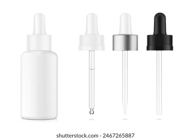 Pipette mockups for dropper bottle isolated on white background. Vector illustration. Front view. Сan be used for cosmetic, medical and other needs. EPS10.