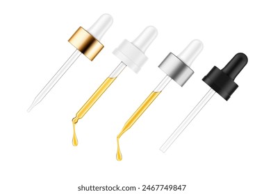 Pipette mockups for dropper bottle isolated on white background. Vector illustration. Front view. Сan be used for cosmetic, medical and other needs. EPS10.