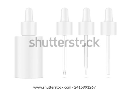 Pipette mockups for dropper bottle isolated on white background. Vector illustration. Front view. Сan be used for cosmetic, medical and other needs. EPS10.