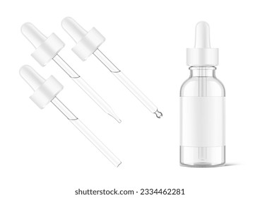 Pipette mockups for dropper bottle. Vector illustration isolated on white background. Front view. Сan be used for cosmetic, medical and other needs. EPS10.