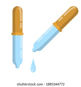 Pipette with orange tip. Cartoon flat illustration. Water and medicine. Eye drops and eyedropper. Glass dropper. Medical instrument of an optometrist and doctor