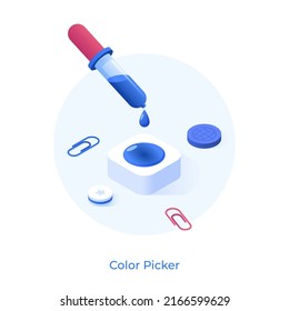 Pipette And Paint Droplet. Concept Of Color Picker, Digital Tool Or Graphical User Interface Widget For Graphic Design Or Image Editing. Modern Vector Illustration In Isometric Style For Banner.