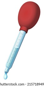 Pipette with its pear and its transparent tube and its graduation where a drop of a transparent liquid falls (cut out)