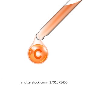 Pipette Tube Mock up Realistic Cosmetic Dropper and Vitamin C oil for Skincare and Beauty merchandise on isolated White Background Illustration. Health Care and Medical Concept Design.