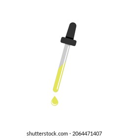 Pipeta con líquido amarillo goteando hacia abajo. Ilustración vectorial, color plano de caricatura diseño mínimo aislado en fondo blanco, eps 10.