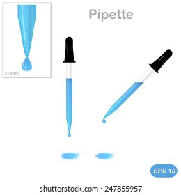 Pipettes with a drop on the tip - lab glassware, isolated, 3d illustration, vector, eps 10