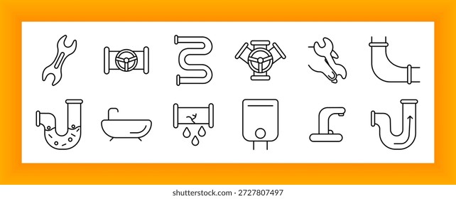 Ícone de conjunto de tubulação. Chave inglesa, válvula, fluxo de água, vazamento, cotovelo, banheira, caldeira, manutenção, encanador, sistema, líquido, casa de banho, curva, reparação, drenagem, fixação