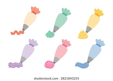 Piping Bag Icing Set Vector Illustration, Colorful Pastry Cream Decorating Tools Clipart