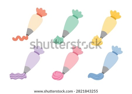 Piping Bag Icing Set Vector Illustration, Colorful Pastry Cream Decorating Tools Clipart