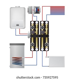 Piping condensing boiler vector illustration. Pump unit, steel panel radiator, heater, warm floor, air handler.