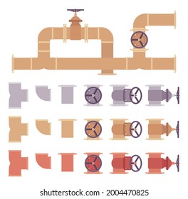 Piping and plumbing fittings, tube joints, pipe sections set. Grey, brown, copper pipeline system. Vector flat style cartoon illustration isolated, white background, different views, positions, colors