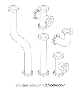 Piping set - hand drawn isometric black and white vector illustration.
