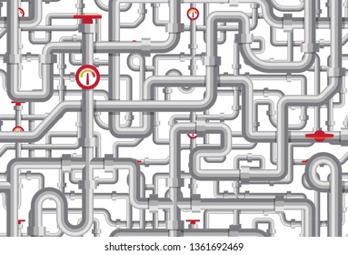 Piping vector pattern. Maze of tubes, cranes, tonometers, pipes. Boiler room texture design. Steel flat geometric line of pipelines background 