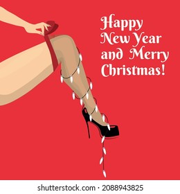 A piquant postcard for the New Year. A girl in stockings with a bow. Merry Christmas.  A traditional winter holiday. Women's wardrobe. High-heeled shoes. Bright vector illustration. Garland.