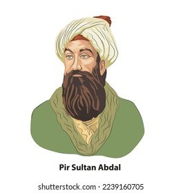 Pir Sultan Abdal, Vector illustration portrait. Turkish poet assumed to have lived in Anatolia in the 16th century. Folk literature. Sufi literature.