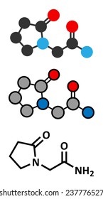 Piracetam nootropic drug molecule. Conventional skeletal formula and stylized representations.