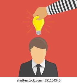 Piracy Concept. Bandit stealing idea from a man. Hand of Thief taken lightbulb from head businessman, steal idea concept. Vector illustration of copyright protection. Flat style.