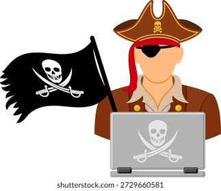 Concepto de Vector de piratería con iconos de piratería con iconos planos para volante, póster, Sitio web, publicidad como pirata, computadora portátil y bandera.