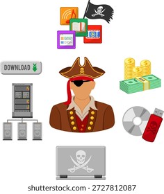 Concepto de piratería Concepto de Vector de piratería con iconos planos para volante, póster, Sitio web, publicidad impresa como pirata, Descarga, servidor, computadora portátil y dinero.
