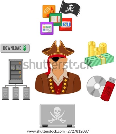 Piracy Concept Piracy Vector Concept with Flat Icons for Flyer, Poster, Web Site, Printing Advertising Like Pirate, Download, Server, Laptop and Money.