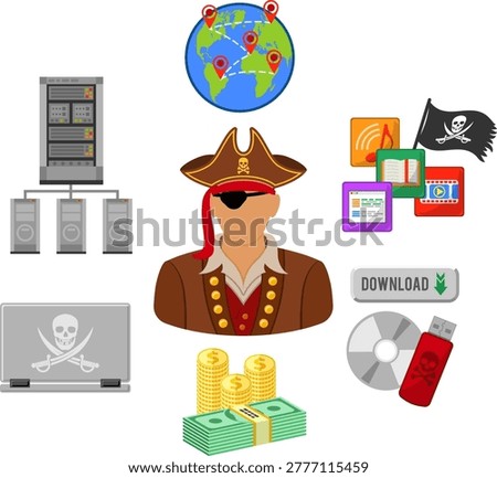 Piracy Concept Piracy Vector Concept with Flat Icons for Flyer, Poster, Web Site, Printing Advertising Like Pirate, Download, Server, Laptop and Money.
