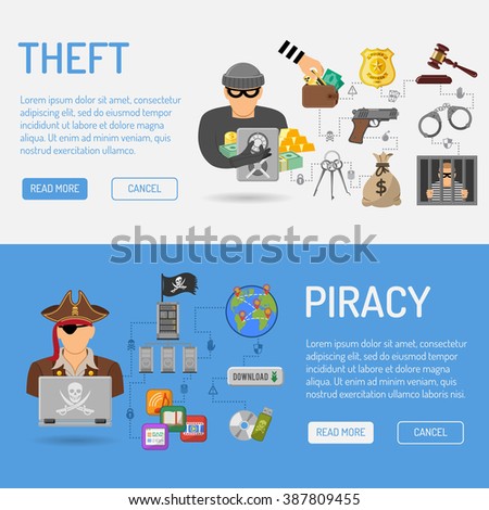 Piracy and Crime Vector Horizontal Banners for Poster, Web Site, Printing Advertising with Thief and Pirate Flat Icons.
