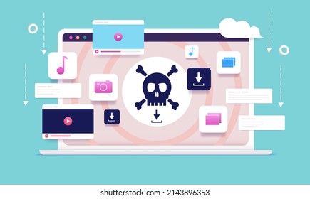 Piracy downloading - Laptop computer with pirate skull on screen downloading files illegally from internet. Vector illustration