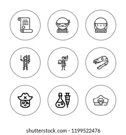 Piracy icon set. collection of 9 outline piracy icons with pirate hat, pirates, pirate, poison icons. editable icons.