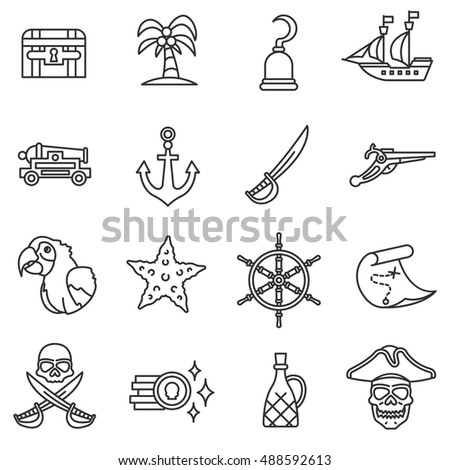 Piracy icons set. old maritime piracy collection. Thin line design