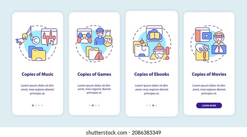 Piracy includes onboarding mobile app page screen. Illegal copies of music and books walkthrough 4 steps graphic instructions with concepts. UI, UX, GUI vector template with linear color illustrations