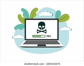 Piracy On The Computer As Online Crriminality And Robbery. Copyright Infringement And Illegal Downloading On The Internet. Vector Illustration Of Laptop With Pirate On The Screen