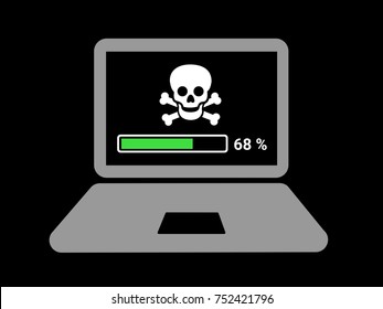 Piracy On The Computer As Online Crriminality And Robbery. Copyright Infringement And Illegal Downloading  On The Internet. Vector Illustration Of Lapton With Pirate On The Screen