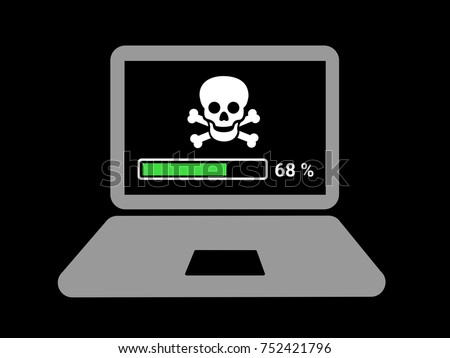Piracy on the computer as online crriminality and robbery. Copyright infringement and illegal downloading  on the internet. Vector illustration of lapton with pirate on the screen