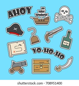 Piracy and pirates related vector printable stickers, patches of skull, sword, ship, treasure chest, rum bottle, gun.