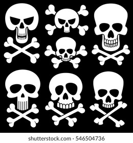 Piracy skull and crossbones vector icons. Death, scary symbols