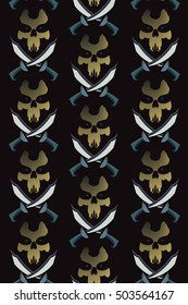 Piracy skulls seamless on fabric. Pirate flagpole pattern. Black flag corsair texture