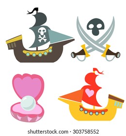 Piracy treasure vector icon set on white background.