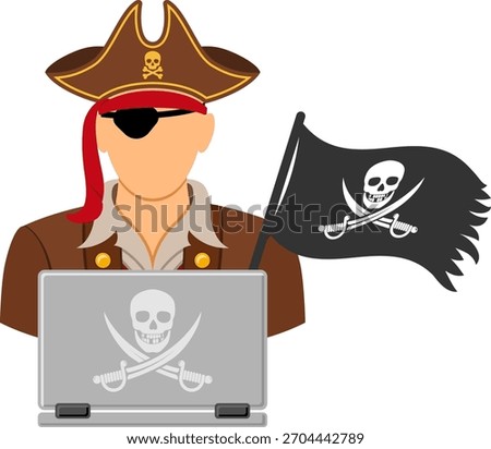 Piracy Vector Concept with Flat Icons for Flyer, Poster, Web Site, Advertising Like Pirate, Laptop and Flag.