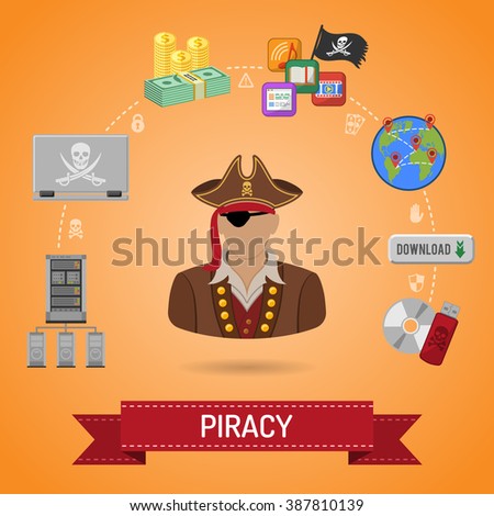 Piracy Vector Concept with Flat Icons for Flyer, Poster, Web Site, Printing Advertising Like  Pirate, Download, Server, Laptop and Money.