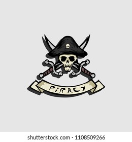 Piracy vector logo, emblem or icon. Pirate skull with two sabres and pirate hat