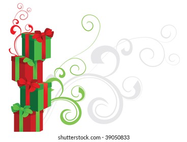 piramid of gift boxes red and green with ornament backdrop